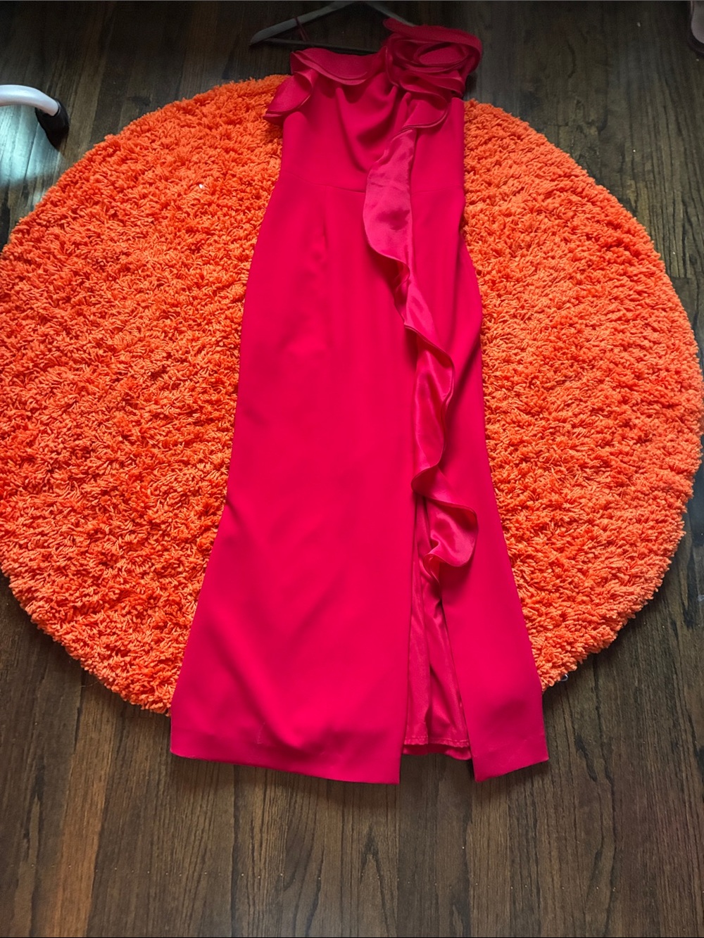 Teri Jon Hot Pink One-Shoulder Ruffle Asymmetrical Gown